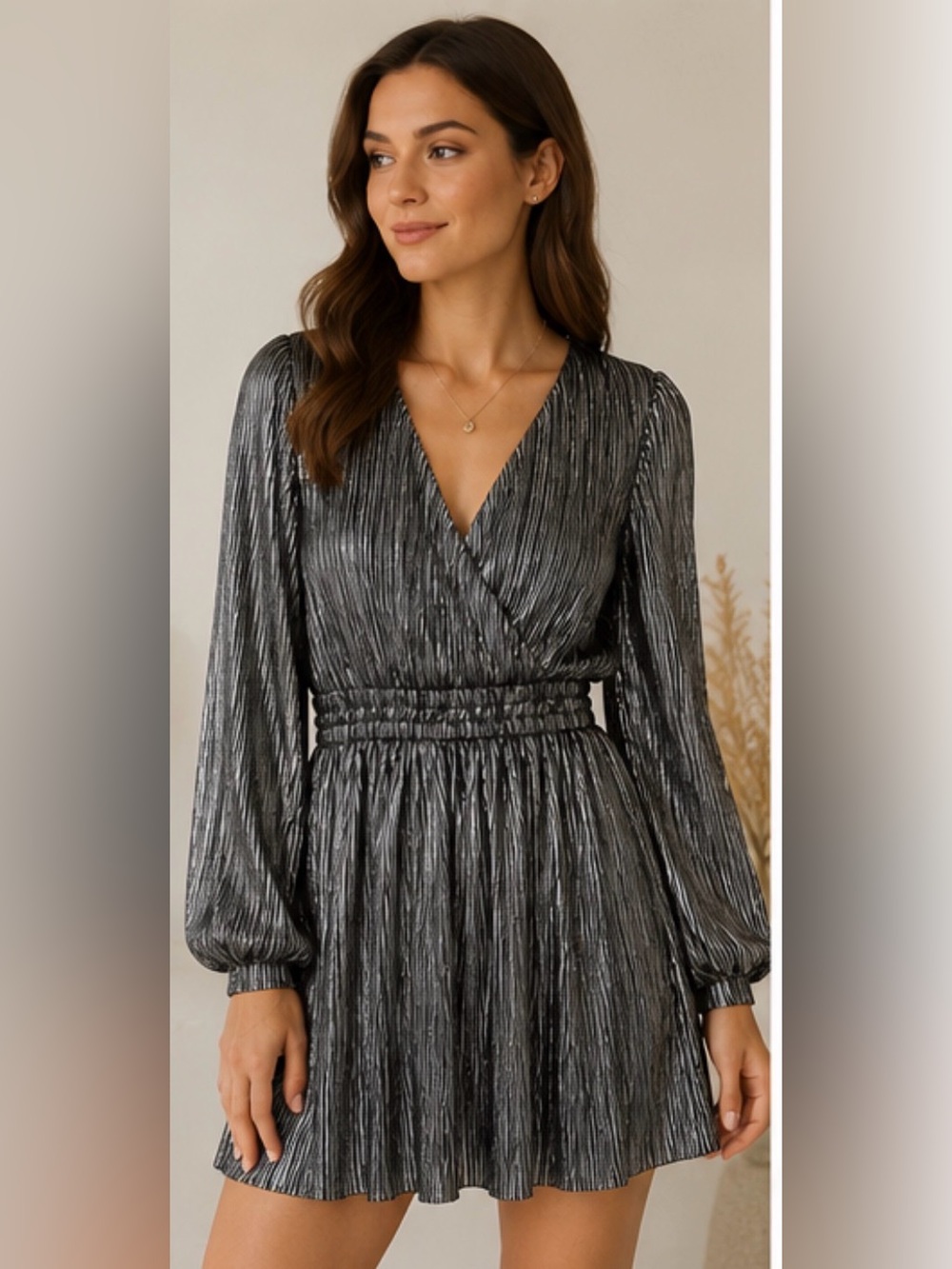 Zunie Silver-Black Metallic Pleated Long Sleeve Wrap Dress